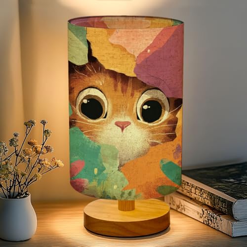 ベッドサイドランプ 間接照明 カラフルな破れた紙から覗く遊び心あるタビー猫のアート テーブルランプ リネン 木製 円柱型 和風 調光 16色 調色 常夜灯 目に優しい 授乳 洋室旅館 寝室 (電球とリモコン付き)