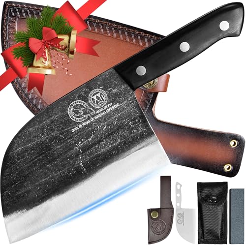 XYJ Authentic Since 1986,Outstanding Ancient Forging,6.7 Inch Full Tang,Serbian Chefs knife,Chef Meat Cleaver,Kitchen Knives,Set with Leather Sheath,Take Carrying,Butcher