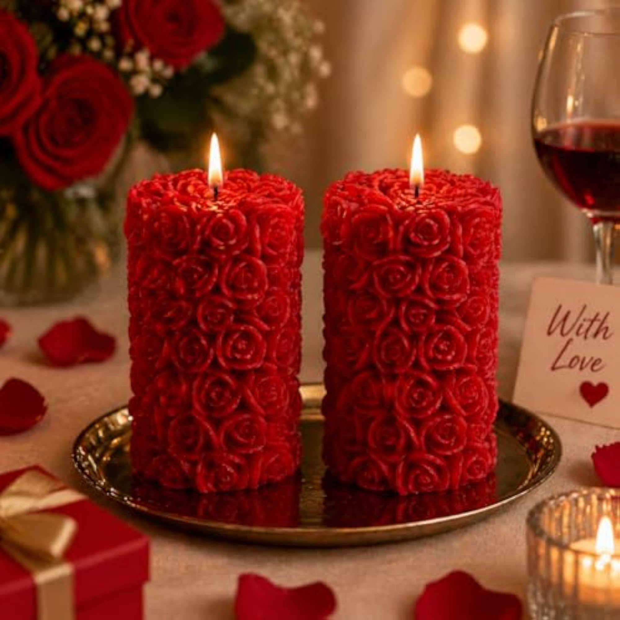 Candles for Home Decor, Rose Fragrance Pillar Shape, Set of 2