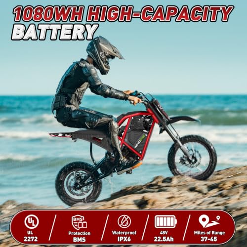 Image of Windone RM7 Electric Dirt Bike for Teens & Adults, 48V 22.5Ah, 37MPH & 45-Mile Electric Motorcycle, 2200W Ebike, 14 inch /12 inch Off-Road Tire E-Bike, Dual Hydraulic Brakes, Full Suspension, Fit Age 13+