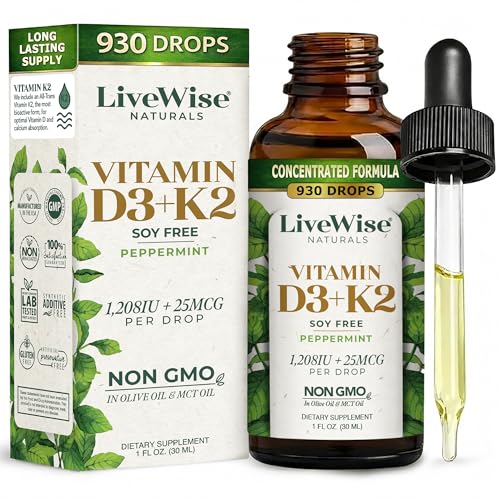 Live Wise Naturals Vitamin D3 K2 (MK-7) Peppermint Drops for Adults - 930 Drops, Ultra Concentrated Formulation, 1208 IU Vitamin D3, 25 MCG - Precision Micro-Dosing Dropper for Calcium & Bone Support