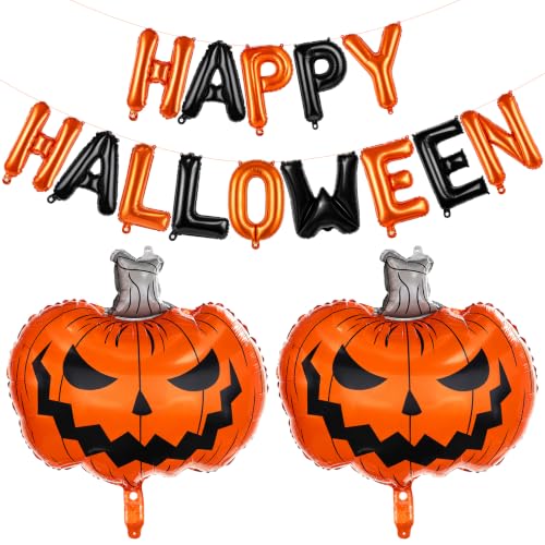 Image of Happy Halloween Balloons, Halloween Decorations Balloons, 14 PCS 16 inch Orange and Black Happy Halloween Letter Balloon with 2 PCS 24 inch Pumpkin Shaped Foil Balloon for Halloween Party Decorations Supplies