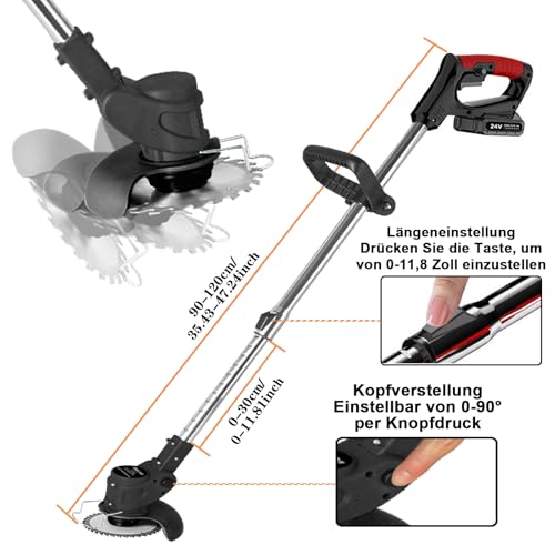 SMILOVII Desbrozadora Bateria 24V (650W), Cortabordes Electrico 3 en 1 con 2 Baterías 2000mAh, Desbrozadora Electrica Multifunción para Jardín, 16 Cuchillas y Cabezal 90°, Desbrozadoras para Maleza - imagen 2