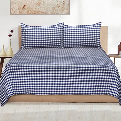 Image of AIRWILL, 200GSM Handloom Cotton Double Bedsheet with 2 Pillow Covers (Gingham Check Blue)