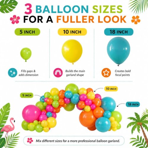 Image of 141 Pcs Rainbow Neon Balloon Arch Kit, Hot Pink Lime Green Orange Slate Blue Yellow End of Summer Tropical Balloon Garland for Hawaiian Luau Aloha Birthday Pool Back to School Party Decorations