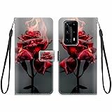 KARTXITAI Hülle Kompatibel mit Huawei P40 Pro Plus/P40 Pro Plus 5G,Leder Handyhülle mit Kartenfach Geld Slot Ständer PU Ledertasche Wallet Flip Muster Schutzhülle-Rote Rosen,Feuer