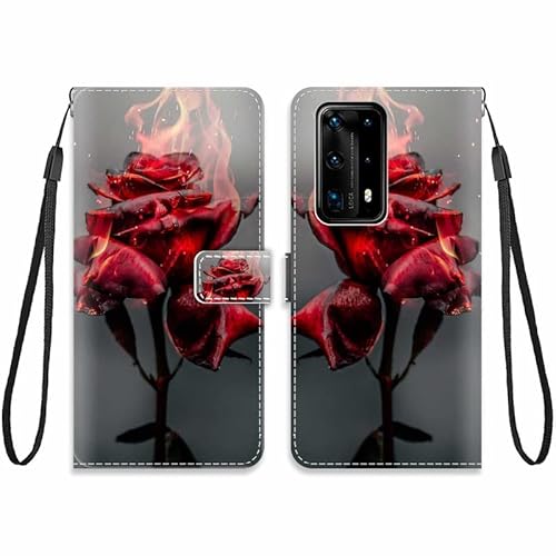 KARTXITAI Hülle Kompatibel mit Huawei P40 Pro Plus/P40 Pro Plus 5G,Leder Handyhülle mit Kartenfach Geld Slot Ständer PU Ledertasche Wallet Flip Muster Schutzhülle-Rote Rosen,Feuer