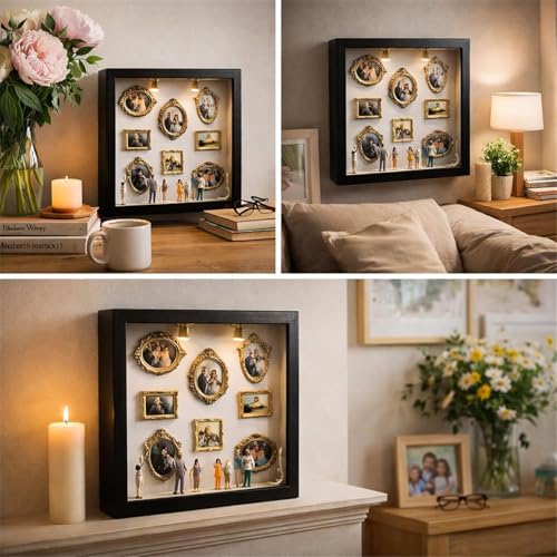 DIY Mini Museum Bilderrahmen, DIY Mini Museum Silhouette Box, Fotospeicher Bilderrahmens mit LED Licht, mit 8 Mini Goldene Rahmen & 8 Figuren, für Jahrestag, Hochzeit, Heimdekoration