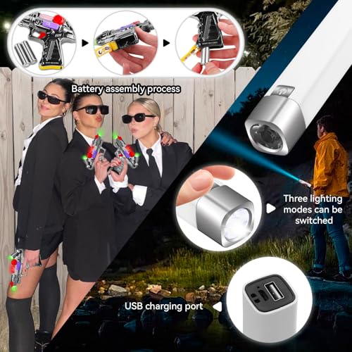 Agent Costume Accessories Set – Sunglasses, Black Tie, ID Badge, Earpiece, Flashlight, Mini Notebook & Pen, Laser Toy Gun – Men-in-Black Halloween Cosplay for Adults & Teens(2 Set)