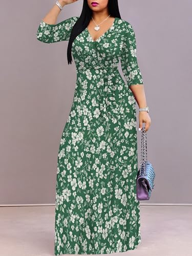 Image of PinkPatty Plus Size Maxi Dress for Women Casual V Neck 3 /4 Sleeve Boho Printed Long Dress with Pockets