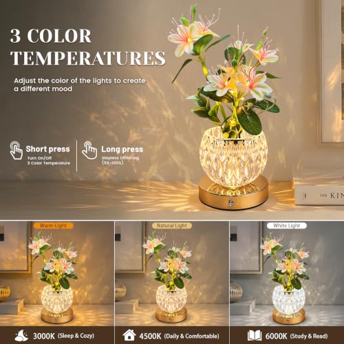 Tulip Table Lamp, 3 Colors Touch Dimming Artificial Flower Night Light, Rechargeable Cordless LED Flower with Vase Lamp, Ambient Lamp Table Centerpieces for Home Living Room Decor (White - Jasmine) by Strackvial - Used condition - Image 3