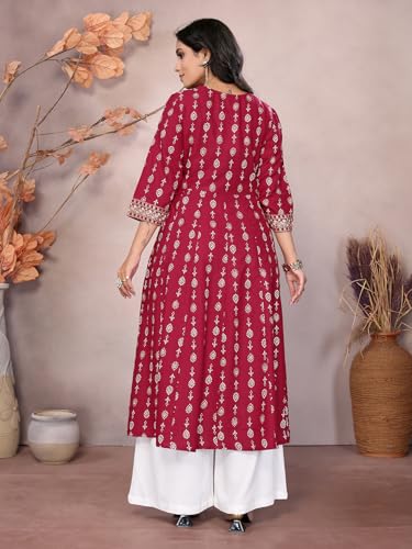 Image of rangita Women Rayon Regular Fit Embroidered Calf Length Anarkali Kurti | Kurta