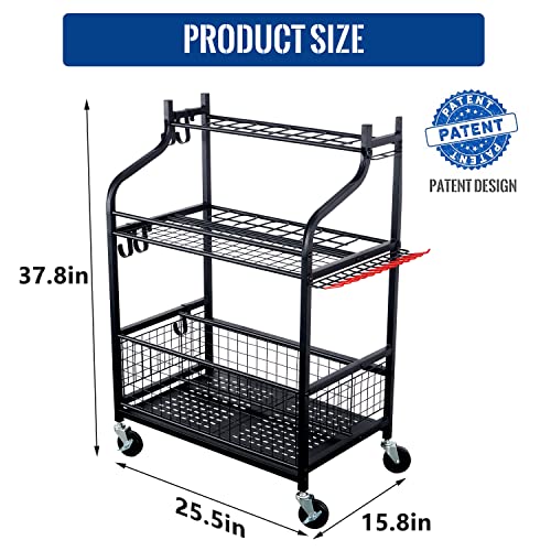 Mythinglogic Alloy Steel Storage Rack, Garden Tool Organizer with 4 Hooks, 16pc Racks, Heavy-Duty 3" Wheels