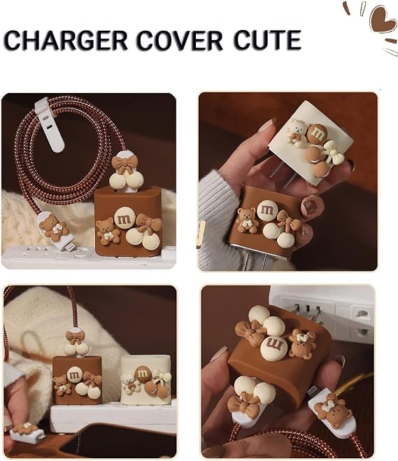 Image of Rycore Cute Cartoon Protective Case for iPhone 18W - 20W USB-C Adapter Charger Cable, Unique Design Funny 3D Cartoon Charger Cover Cable Protector for iPhone Fast Charger (Brown)