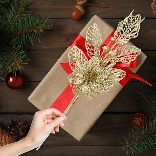 CristBest 24 Pack Christmas Tree Ornaments - Artificial Flowers Glitter Berry Stems Christmas Floral Picks Branches for Xmas Tree Decorations Vase Filler Holiday Wedding Party Home Decor (Gold) - image 5