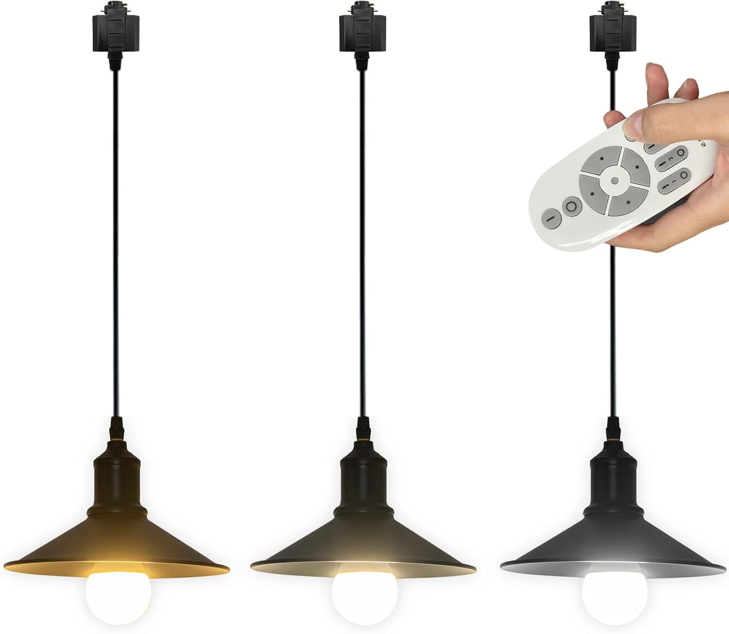 Industrial H-Type Track Pendant Lighting with Cord Total 5FT Customizable Black Iron Cone Shade Remote Control with E26 2700K-6500K LED Bulbs Track Mount for Halo Track System 3 Lights
