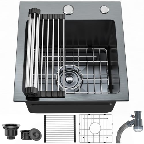 YITAHOME Black Drop In Kitchen Small Sink 15in Topmount Stainless Steel Nano Gunmetal Black Sink w/Protector Accessories, Single Bowl for Workstation, Bar 15 x 15 x 10 Inch Black Single Sink