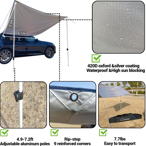 Danchel Outdoor Portable Car Awning Need Not Roof Rack, Removable Suction Cups Camper Vehicle Awning Tarp Overlanding Truck Suv Camping (Gray,6.5Ftx9.8Ft) #TOP4