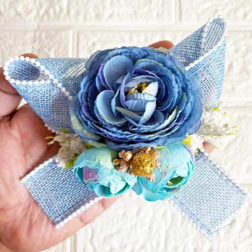 Image of ADIKALA Handmade Artificial Big Peonies 3 Flower Bunch for Trousseau Packing, Ready to use Flower Brooch Hamper for Decoration, Gift Wrapping Flowers (3, Blue Jute)