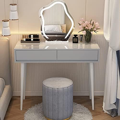 Usknxiu Makeup Vanity Dressing Table with 2 Drawers and Cushioned Stool, 3 Color Light Adjustable LED Mirror, for Women Girls Vanity Desk,Grey,60cm/23.6 inch