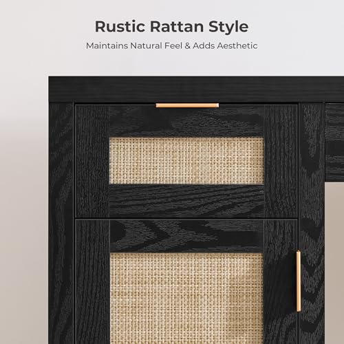 Image of SICOTAS 52 Inch Vanity Table Rattan Vanity Home Office Desk with 3 Drawers | 2 Pieces Farmhouse Boho Makeup Vanity Dressing Table with Large Storage, Vanities Desk for Makeup Room, Bedroom, Office