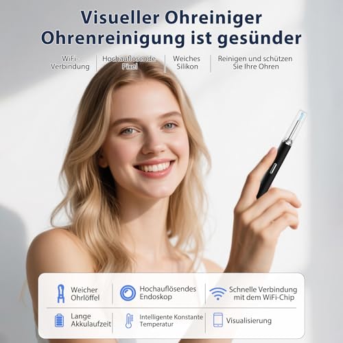 Ohrenschmalz Entferner Otoskop, Robofun Ohrenreiniger Mit Kamera, 1000W HD WiFi 360°-Weitwinkel Ohrreiniger mit 6 LEDs für iPhone, iPad und Android-Smartphones, für Baby Kinder Erwachsene (Schwarz)