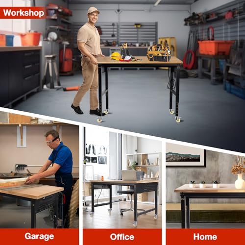 Image of 48 inch Lx24 inchW Adjustable Workbench with Wheels, 28 inch-40 inchHeight Heavy Duty Table 2000 LBS Load Capacity, Work Bench with Power Outlet & Pegboard, Rubber Wood Work Table for Garage, Office, Workshop