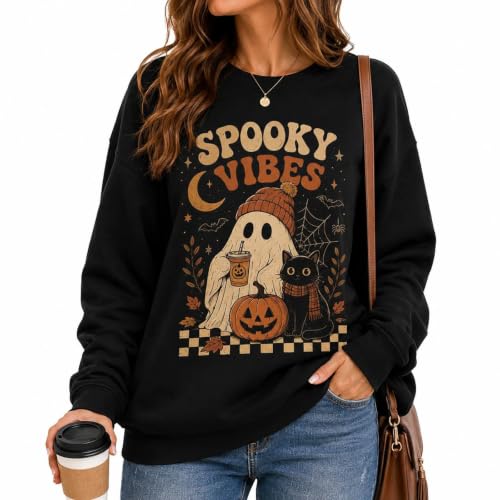 GAHIEDIM Halloween Costume Womens Halloween Sweatshirt,Ghost Pumpkin Graphic Sweatshirt Spooky Season Black Large - image 2