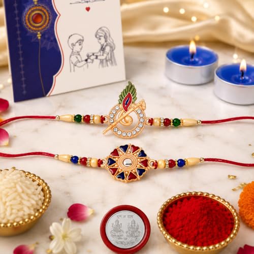 Image of Oblivion Tealight Candles with Rakhi Set for Brother - Rakhis for Brother Set of 2, Krishna Design with Silver Colour Pooja Coin & Greeting Card - Raksha Bandhan Gift Combo