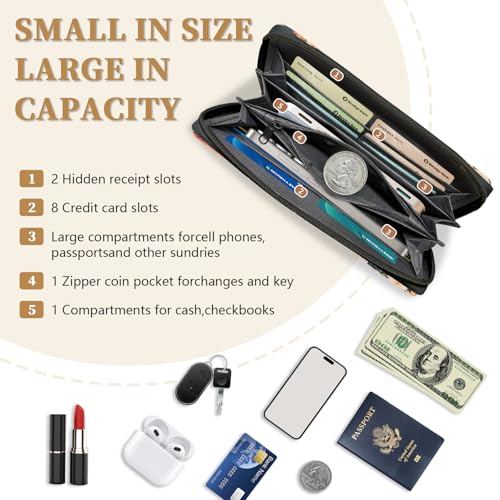 Cat Womens Wallet,Black Cat Wristlet Wallet for Women RFID Blocking,Ladies Purse with Zip Around Credit Card Phone Holder, Travel Capacity Women's Wallets Hand Strap, Flower Bush Clutch Organizer3