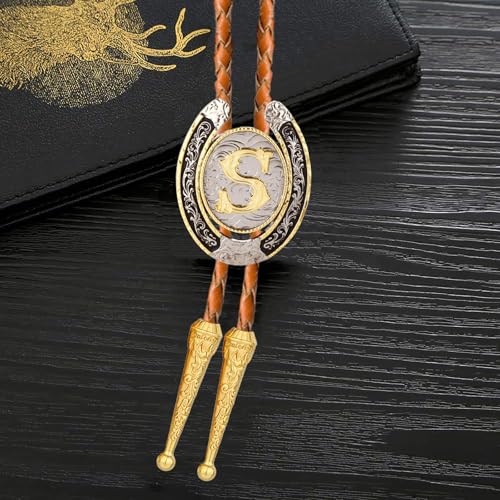 Image of Bolo tie for Men Western Cowboy Brown Leather Necktie Gold Initial Letter ABCDJMR to Z Bolo ties for Women