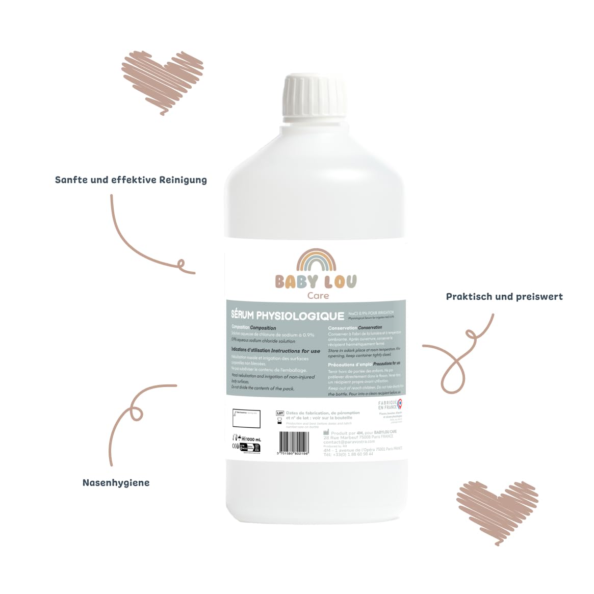 Physiologische Lösung 12 x 1 l Flasche | NaCl 0,9 % | Hergestellt in Frankreich | Reinigung der Nasenhöhlen | Hygiene der Nase | Für die externe Bewässerung