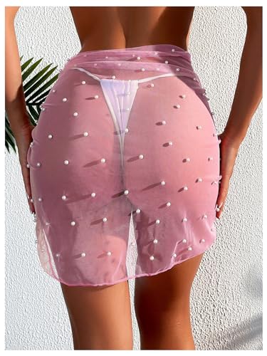 Image of GORGLITTER Women's Cover Up Sarong Wrap Skirt Bachelorette Outfits for Bride Sheer Mesh Bridal Swimsuit Pearl Bathing Suit