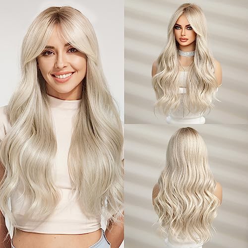 HAIRCUBE Long White Blonde Wigs for Women Synthetic Hair Wig with Fringe, Ash Blonde, average size