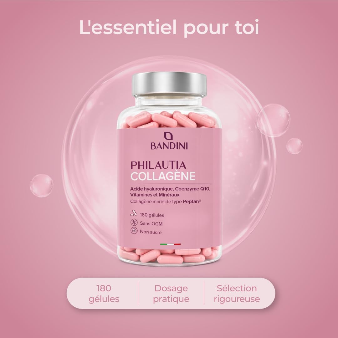 Bandini® Collagène Marin Peptan® + Acide Hyaluronique 180 Gélules, Anti Age | Pour Peau, Articulations et Cheveux - Vitamine C, Biotine, Zinc, Coenzyme Q10 et Sélénium, 1000mg Collagen Type I Hydrolysé