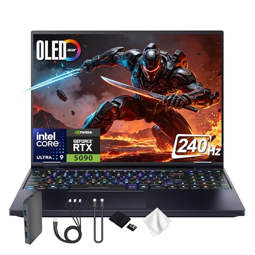 acer Predator 16 AI 16" WQXGA Gaming Laptop, Intel Core Ultra 9-275HX, Geforce RTX 5090, 64GB RAM, 5TB Storage(4TB SSD&1TB Docking Station Set), Per-Key RGB Keyboard, Wi-Fi 7, Win 11 Pro, Black