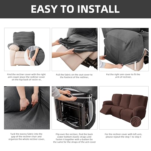 Image of Genina Recliner Sofa Covers - Stretch Reclining Couch Covers with Stripe Jacquard - 3 Seat Cushion Slipcovers with Soft Fabric - Furniture Protector for Pet Kid (Chocolate)