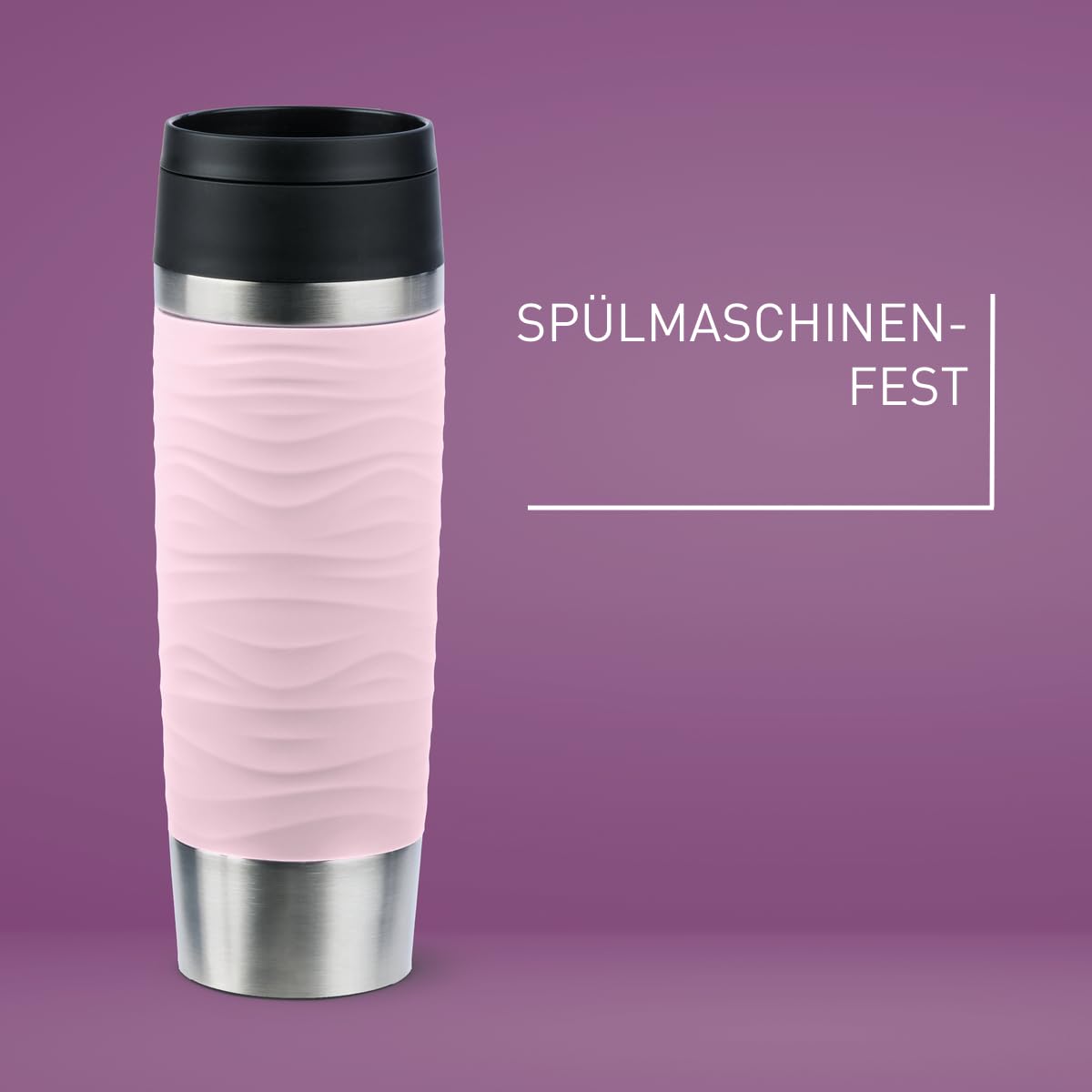 Emsa Travel Mug Waves mit Gravur 500ml – Personalisierter Thermobecher mit Namen oder Logo, Isolierbecher für Kaffee & Tee to Go, Edelstahl, Quick Press Verschluss, 100% auslaufsicher (Rosa)