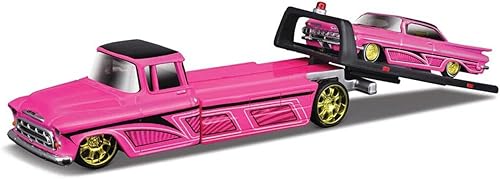 1957 Chevy Flatbed Truck y 1959 Chevy Impala SS Hot Pink con parte superior negra y gráficos Elite Transport Series 1/64 modelos fundidos a presión