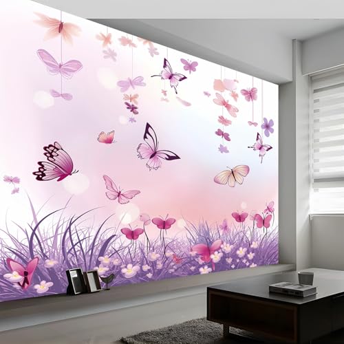 Wallpaper Purple Non-Woven Wallpaper Mural Photo Home Poster Decoration 200 x 140 cm Wallpaper Ideal for Lounges Bedrooms Dining Rooms and Hallways Romantic Elegant Butterflies