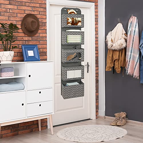 Fixwal 5-Shelf Over The Door Hanging Organizer, Foldable Wall Mount Fabric Storage With Clear Window And 2 Metal Hooks For Pantry, Closet, Nursery, Bathroom, 50.4X11.8X5.5 Inches (Grey Pattern) #TOP1