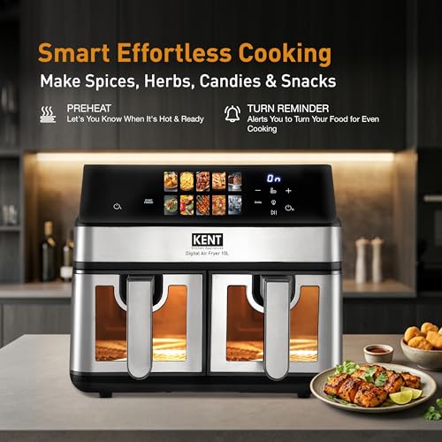 Image of KENT Digital Air Fryer 10L| 2000W | Up to 80% Less Oil Usage | 10 Preset Menu |Digital Display & Touch Control Panel |Glass Window with in built Light | Dual Basket for Cooking 2 Dishes Simultaneously