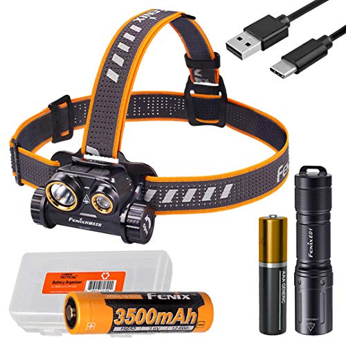 Geschenkpaket: Fenix HM65R 1400 Lumen Dual Beam wiederaufladbare Stirnlampe mit E01 V2.0 EDC Taschenlampe und LumenTac Batteriegehäuse
