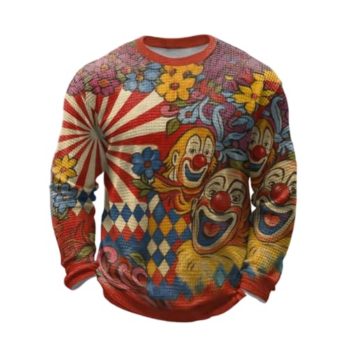 Generico Disfraz de Carnaval Jersey con Impresión 3D Sudadera Sin Capucha De Manga Larga Payaso Camiseta De Manga Larga Humor Suéter con Estampado de Payaso Suéter con Cuello Redondo, Vino, XXL