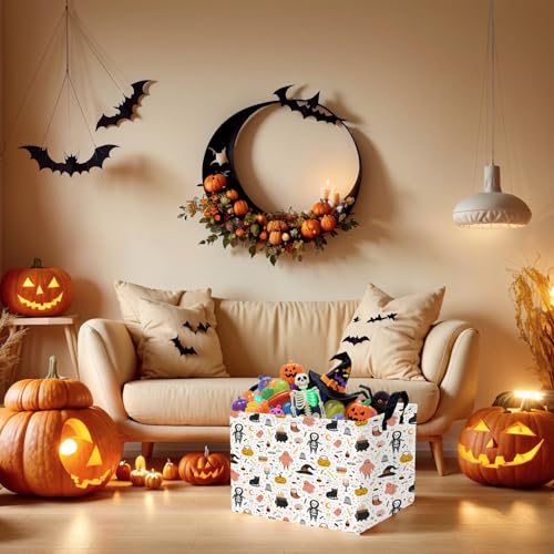 Image of Large Halloween Basket Gift Cute Pumpkin Ghost Parties Decor Kid Trick or Treat Basket for Boys and Girls Rectangular Storage Bin Box (Cartoon Skeleton)