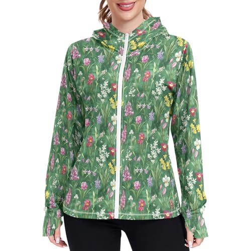 Womens Sun Protection Hoodie Jacket Lightweight Zip Up Jackets for Women UPF 50+ Clothing for Hiking Golf Cycling XL Spring Flowers