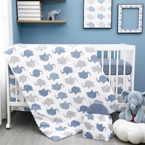 Image of Oudain 4 Piece Elephant Crib Bedding Set Baby Nursery Elephant Bedding with Crib Skirt Blanket Nursery Bed Sheet and Diaper Stacker Soft Neutral Infant Bed Set Standard Size for Boys Girls Shower Gift