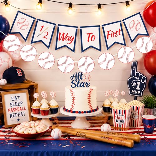 Image of Baseball 1 /2 Way to First Banner Half Birthday Party Decorations | Baseball Garland, Baseball Birthday Banner for High Chair Decorations, 6 Months Photo Shoot Props