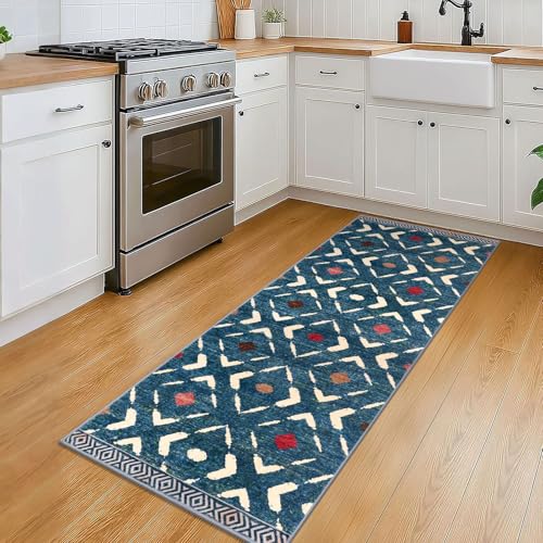 KILOCOCO Kitchen Runner Rug Washable Runner Rug Soft Hallway Runners Non Slip Printed Distressed Laundry Room Rugs, Low-Pile Runners for Entryway/Bedroom/Kitchen/Living Room, 2x5 Teal/Blue