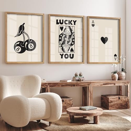 Heiple Framed Set of 3 Poker Wall Art Lucky You Poster, Trendy Retro Print Wall Decor for Queen of Hearts Wall Art Rustic Vintage Farmhouse Home Wall Decor（Brown 12″x16″）